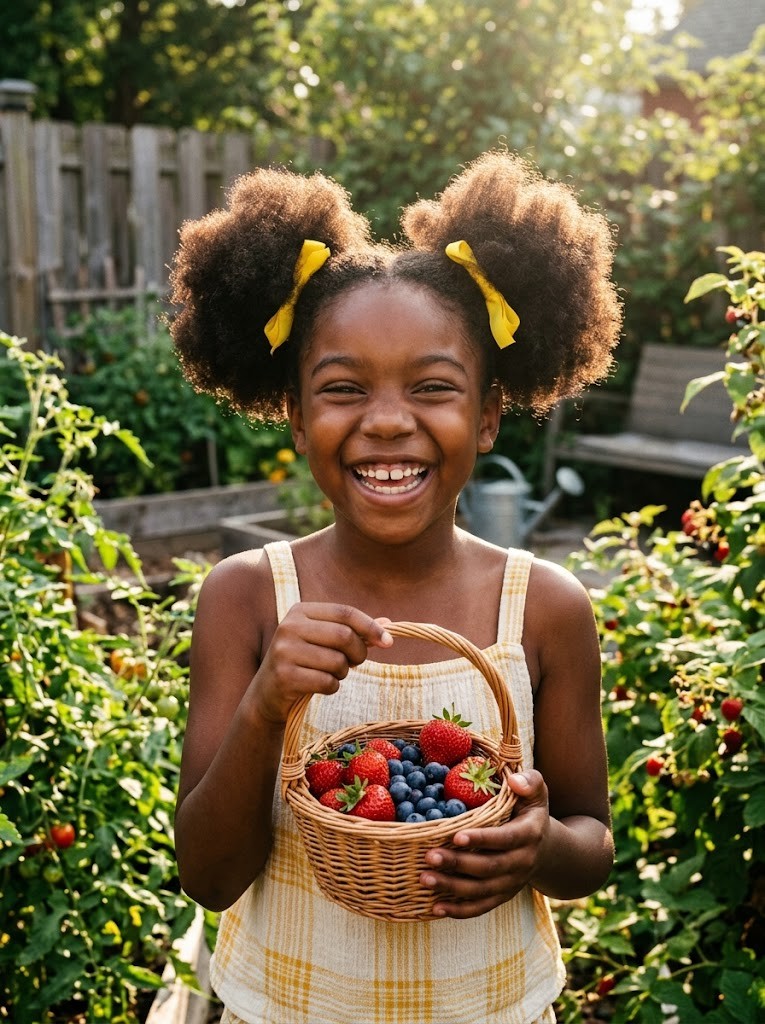 Smiling girl about ten years old with her hair in puffs