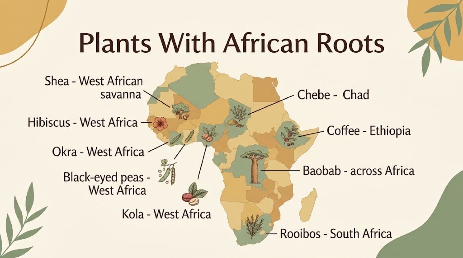 Illustrated map of Africa marking where shea, black soap, hibiscus, okra, black-eyed peas, chebe and kola come from