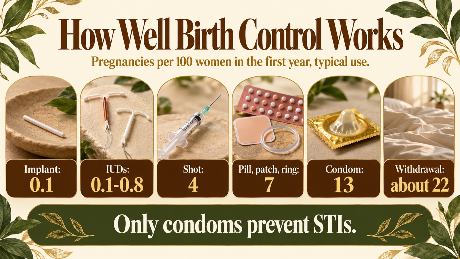 Infographic ranking birth control methods from most to least effective with typical-use pregnancies per 100 women