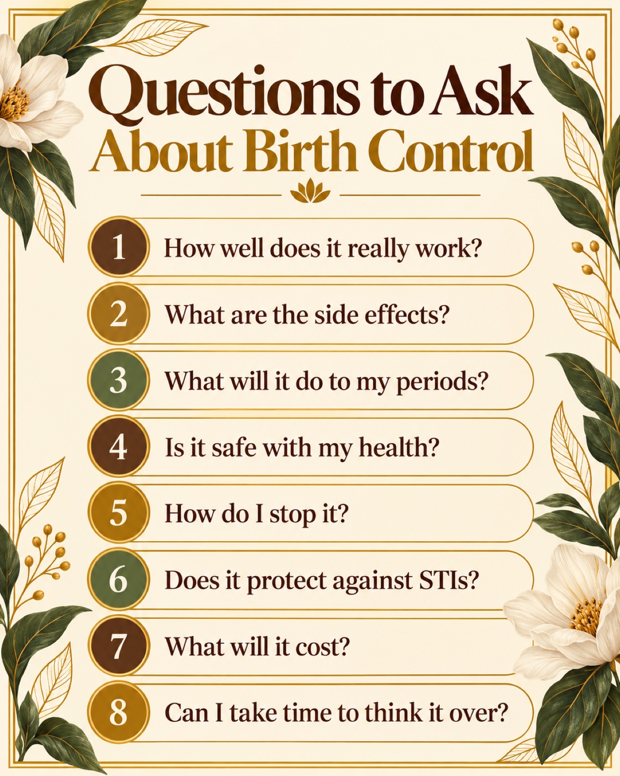 Printable card of questions to ask before choosing a birth control method