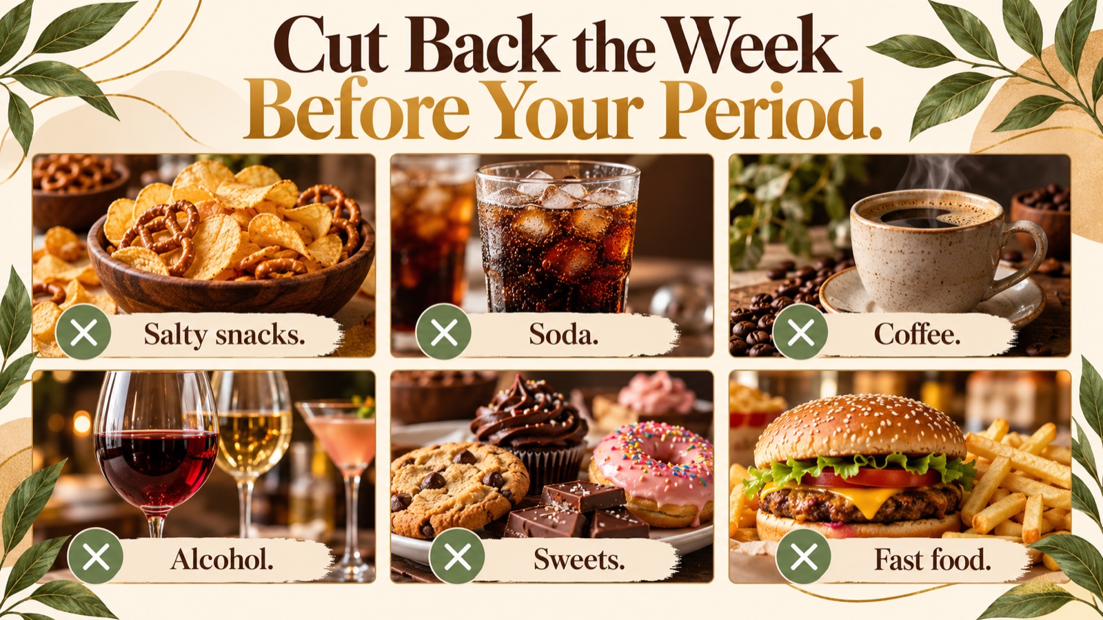 Photo poster of foods and drinks to limit before a period: salty snacks, soda, coffee, alcohol, sweets, fast food