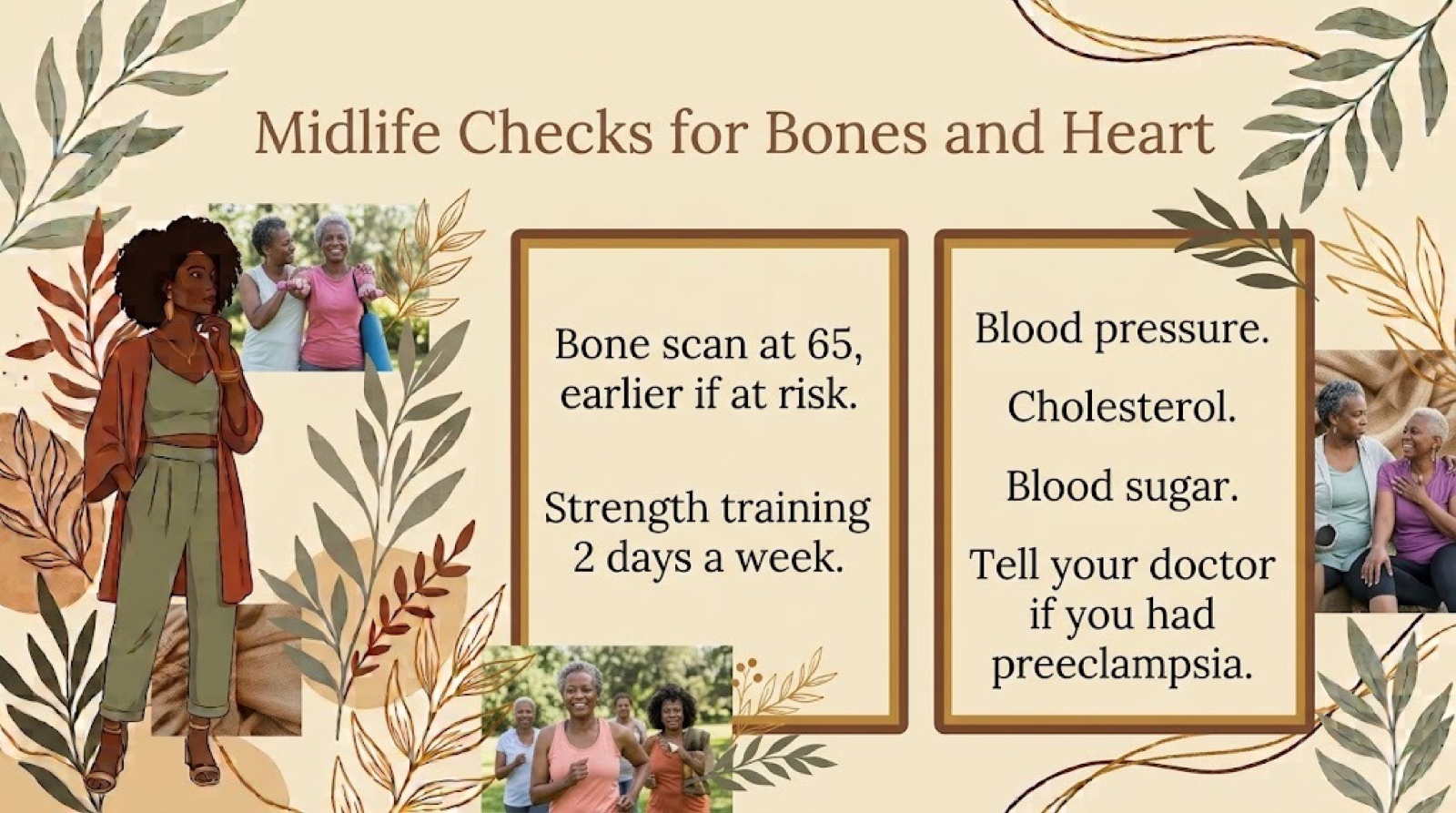 Simple poster of the midlife checkups for bones and heart