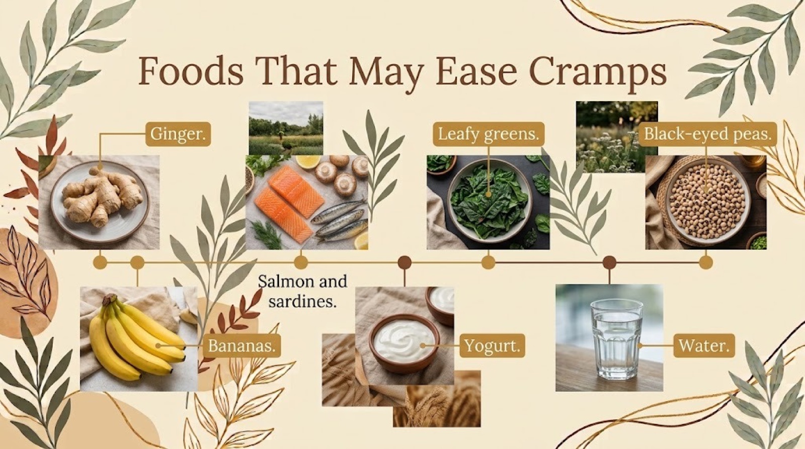 Photo poster of foods that may ease cramps: ginger, salmon, leafy greens, beans, bananas, water and yogurt
