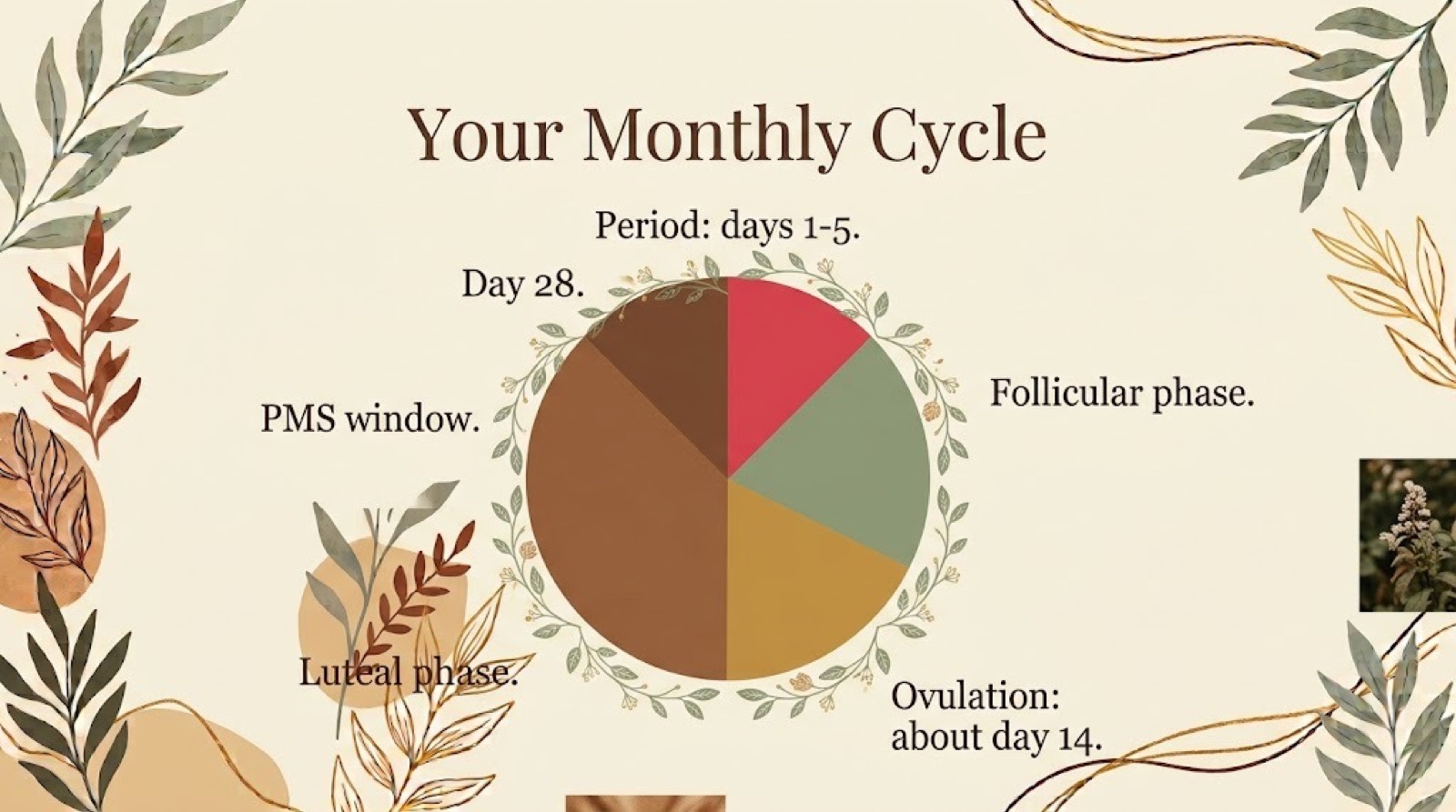 Illustrated cycle wheel showing period, follicular phase, ovulation and luteal phase