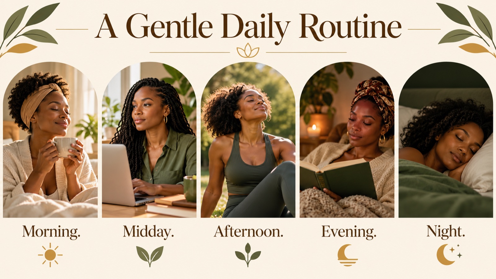 Daily routine poster with five time blocks: morning, midday, afternoon, evening, night, and two habits in each