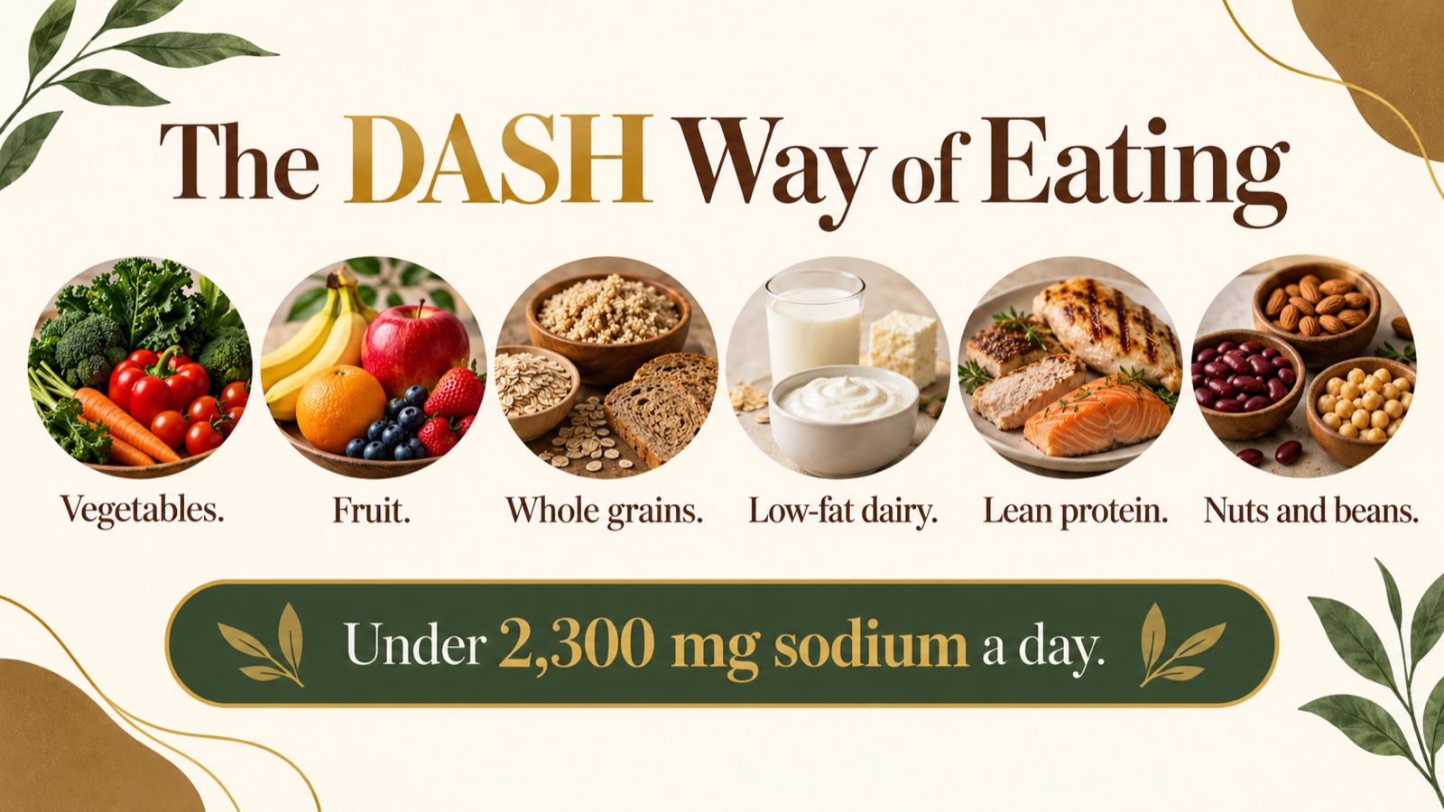 DASH daily servings poster: vegetables, fruit, grains, low-fat dairy, lean protein, nuts and beans, sodium limit