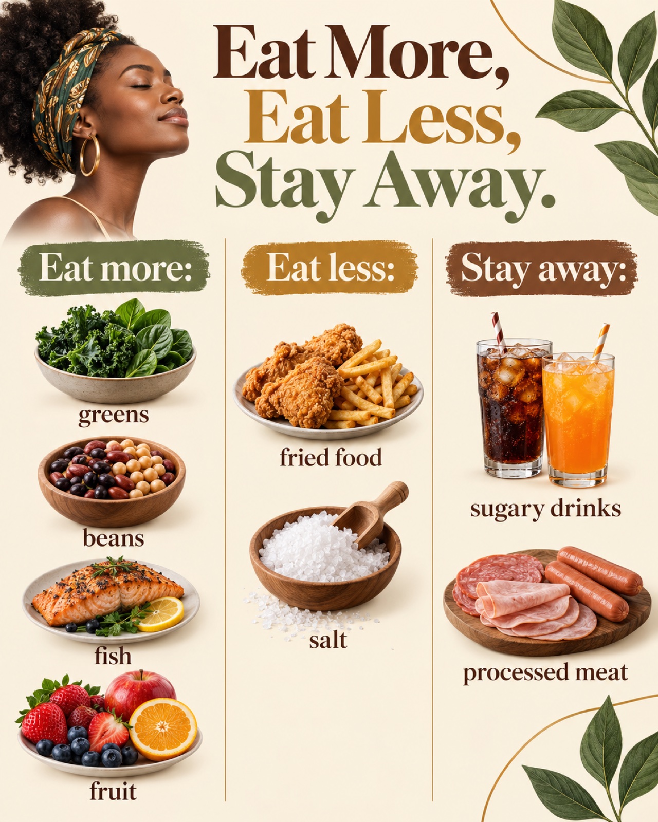 Three-column poster: eat more, eat less, stay away from, with example foods in each