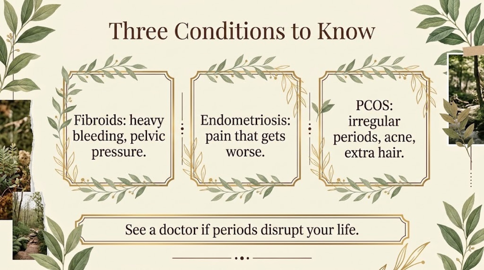Three-column comparison of fibroids, endometriosis and PCOS with their main signs