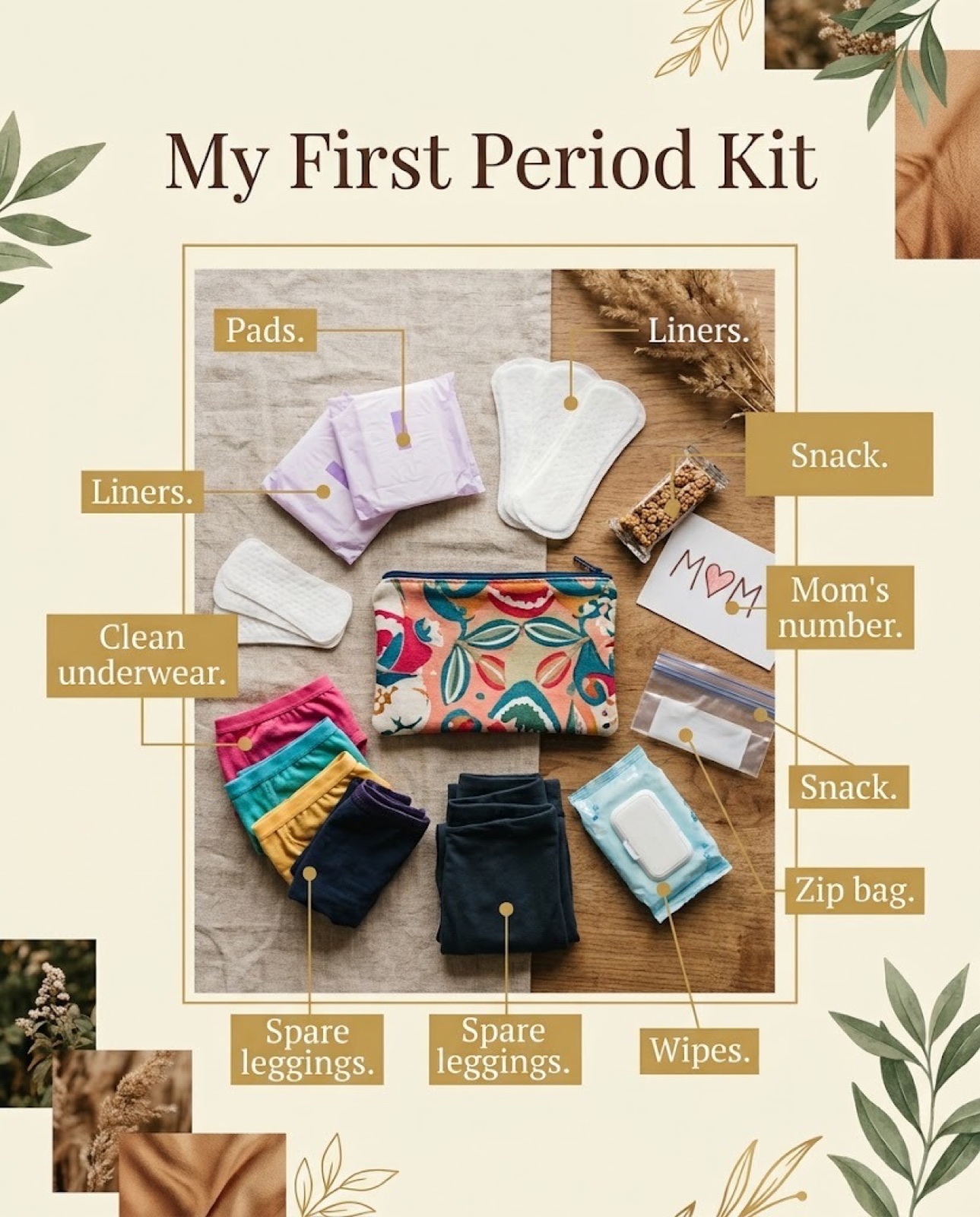 Flat lay of a first period kit in a zipper pouch: pads, liners, underwear, leggings, wipes and a snack
