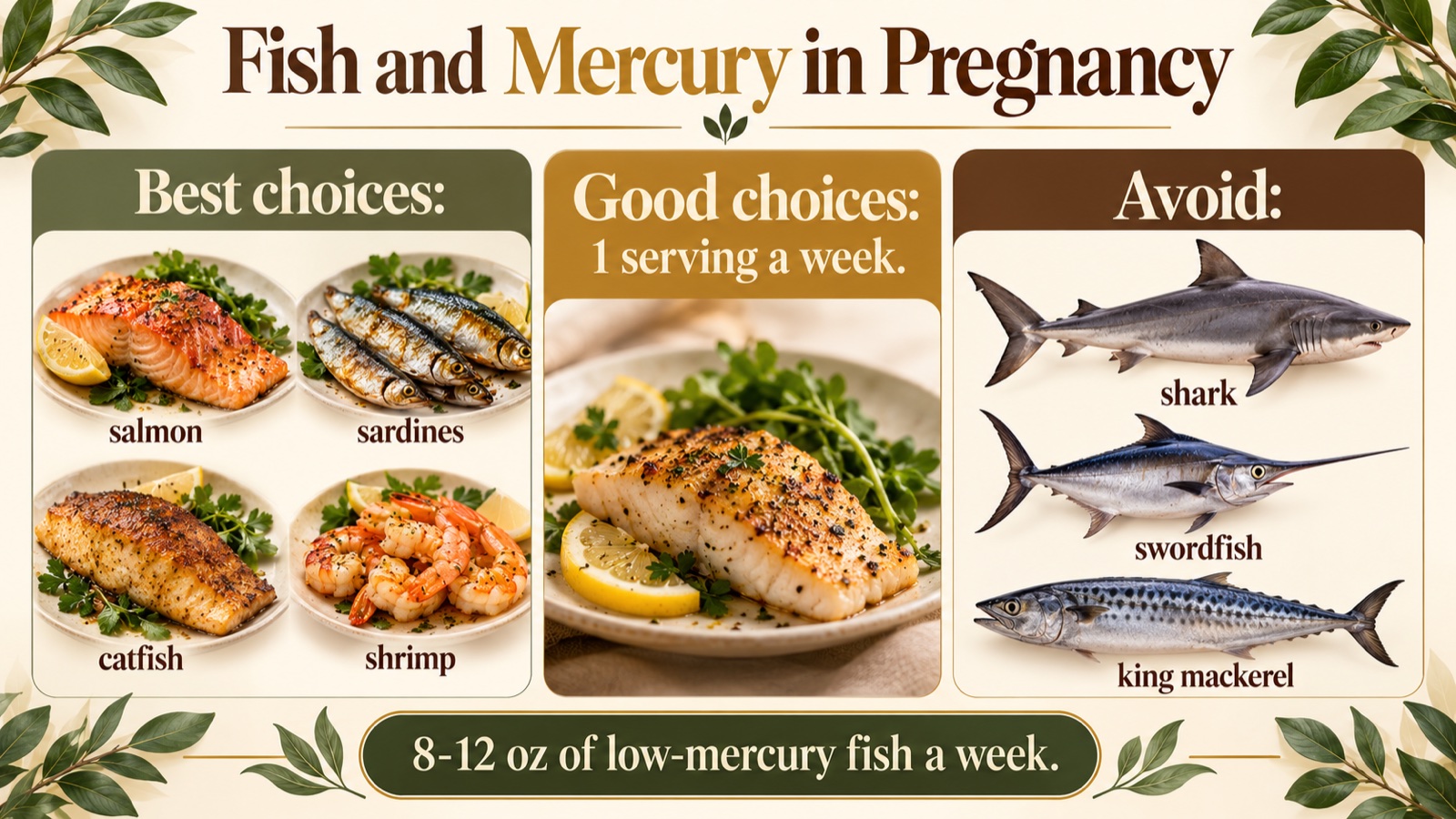 Three columns of fish photos sorted by mercury level for pregnancy