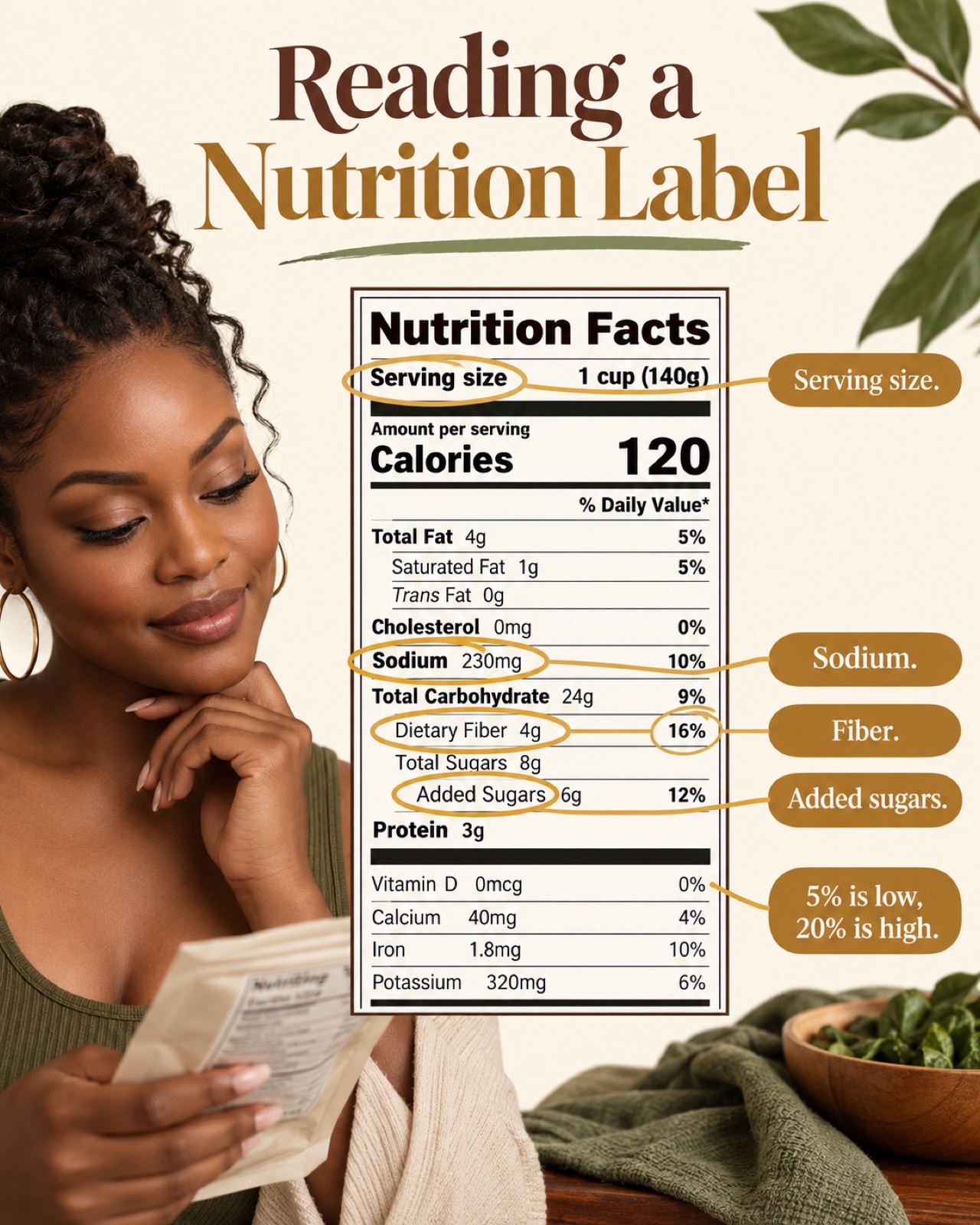 Nutrition Facts label with the serving size, sodium, added sugars, fiber and percent daily value circled