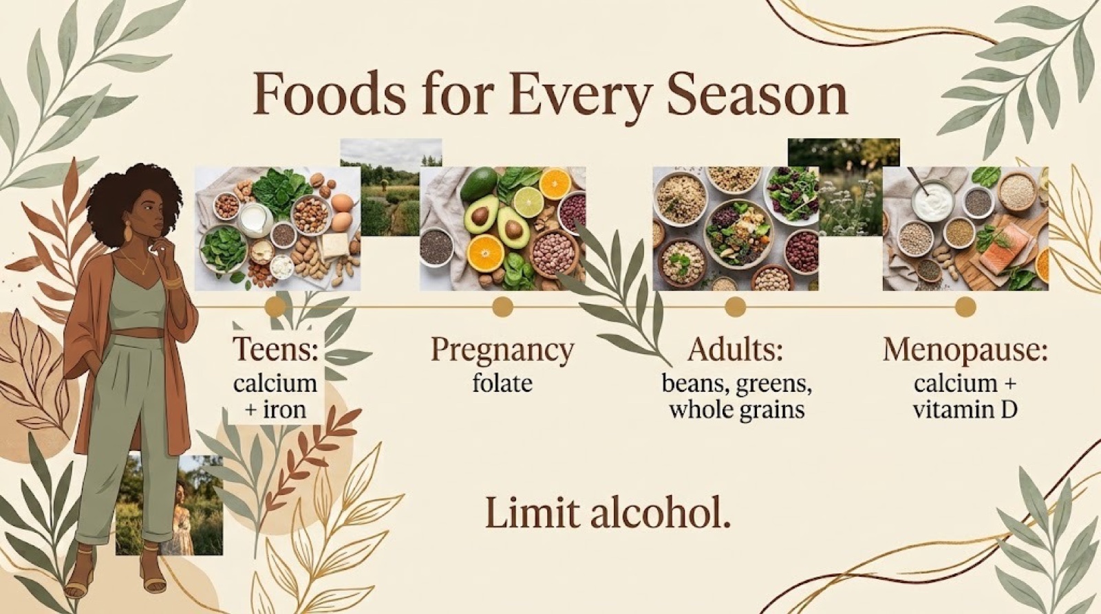 Illustrated plate of protective foods for each season of a woman's life