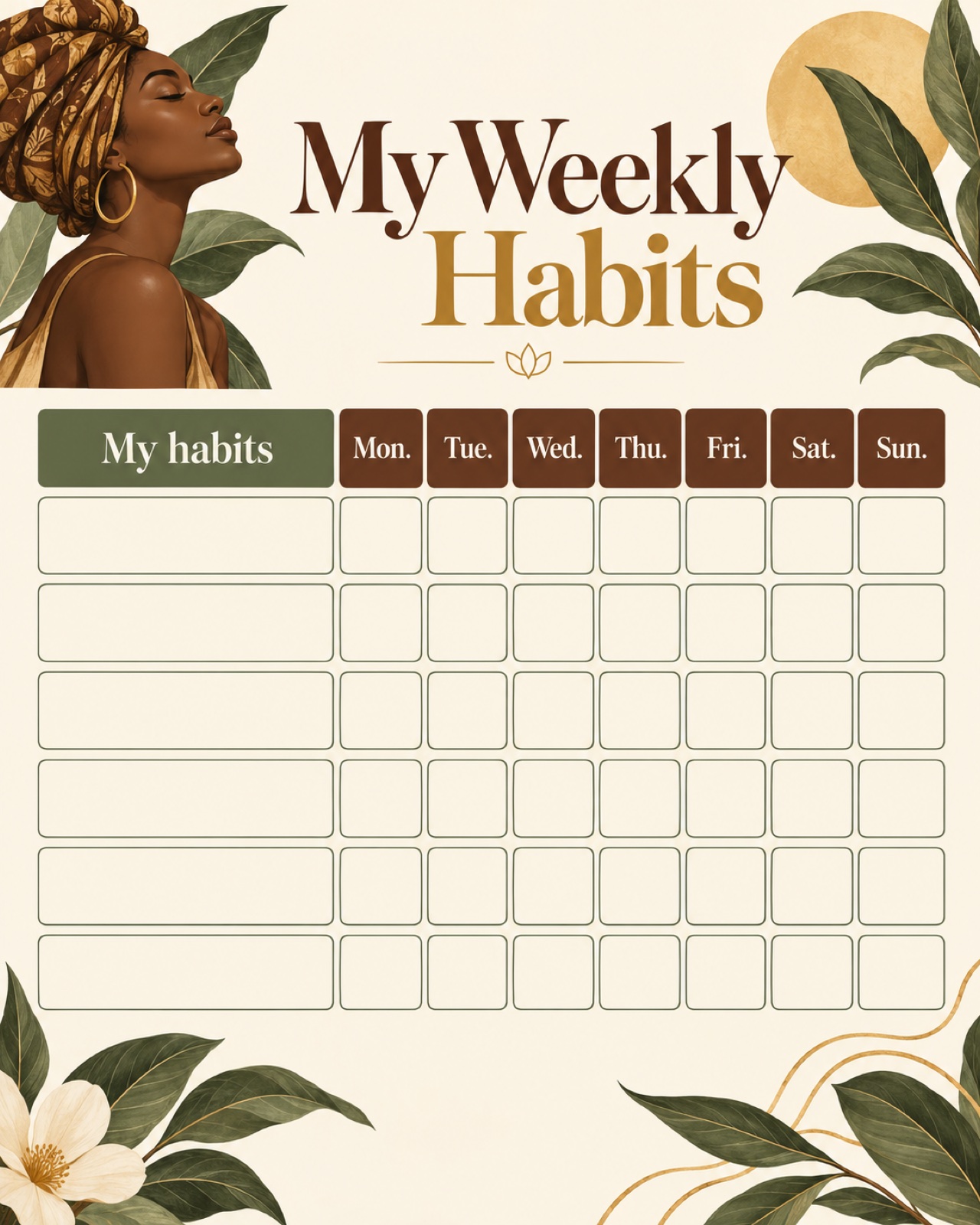 Decorative printable habit tracker page with seven day columns and blank habit rows
