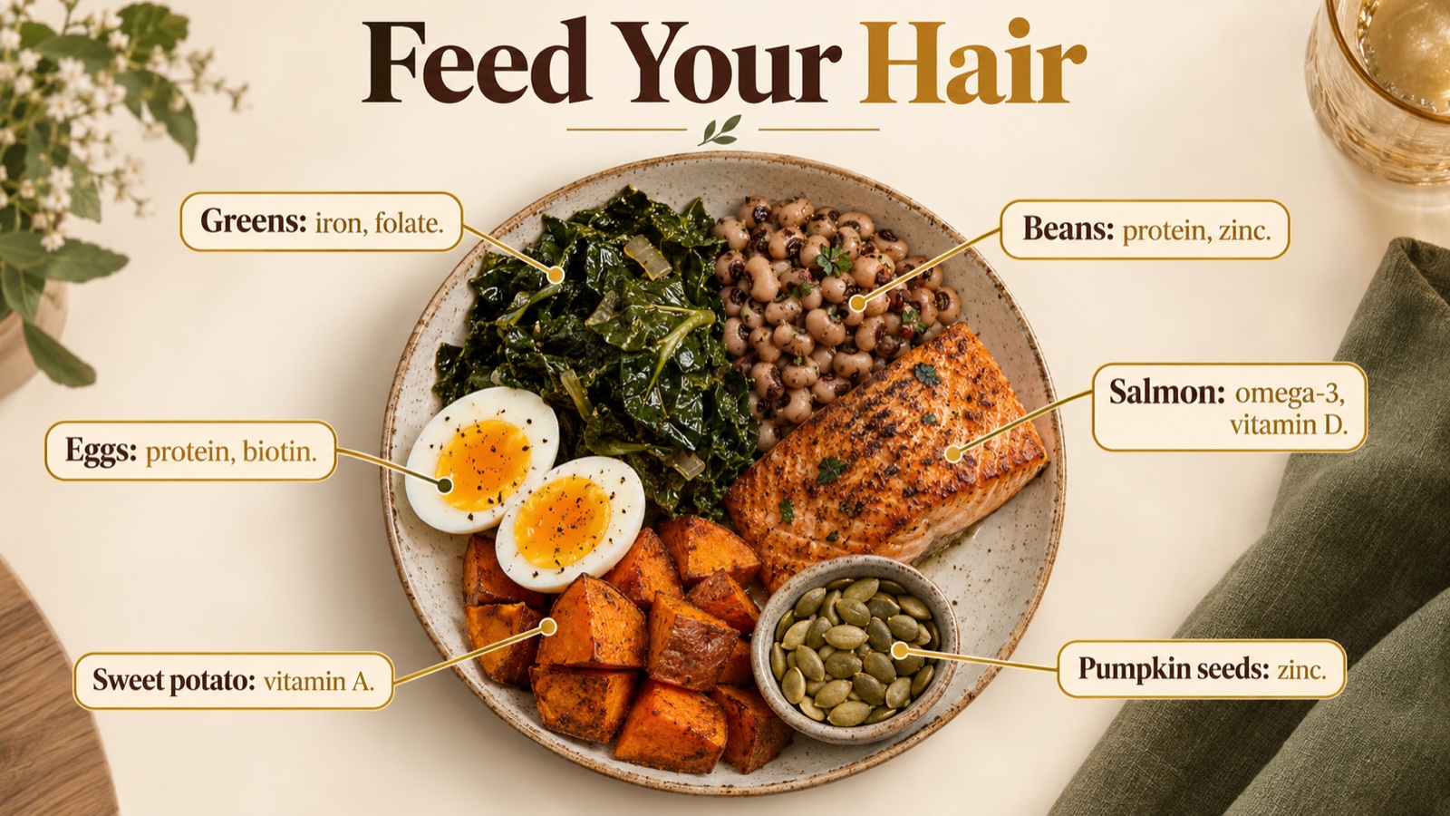 A plate showing hair-friendly soul foods: greens, beans, fish, eggs, sweet potato, seeds
