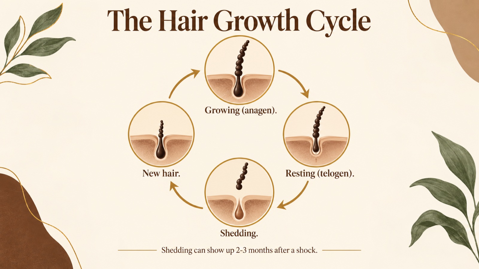 Illustration of the hair growth cycle: growing, resting and shedding phases
