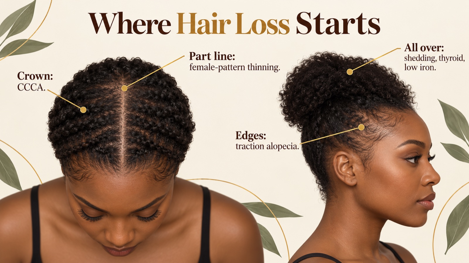 Head diagram showing where different types of hair loss usually start: edges, crown, part line and all over