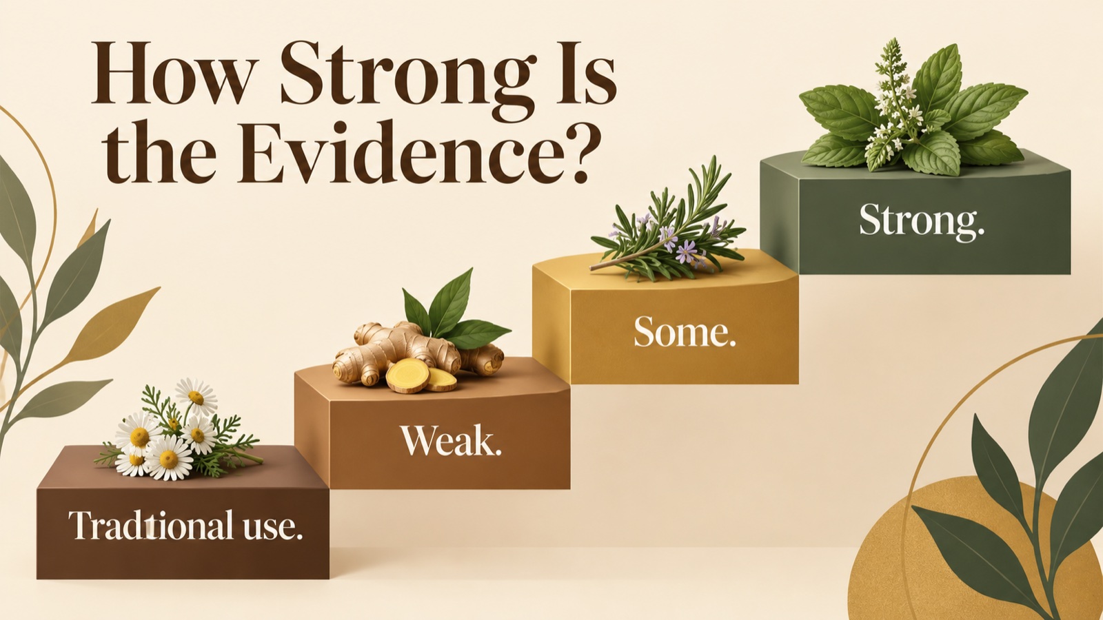 An evidence ladder with four steps: traditional use, weak, some, strong