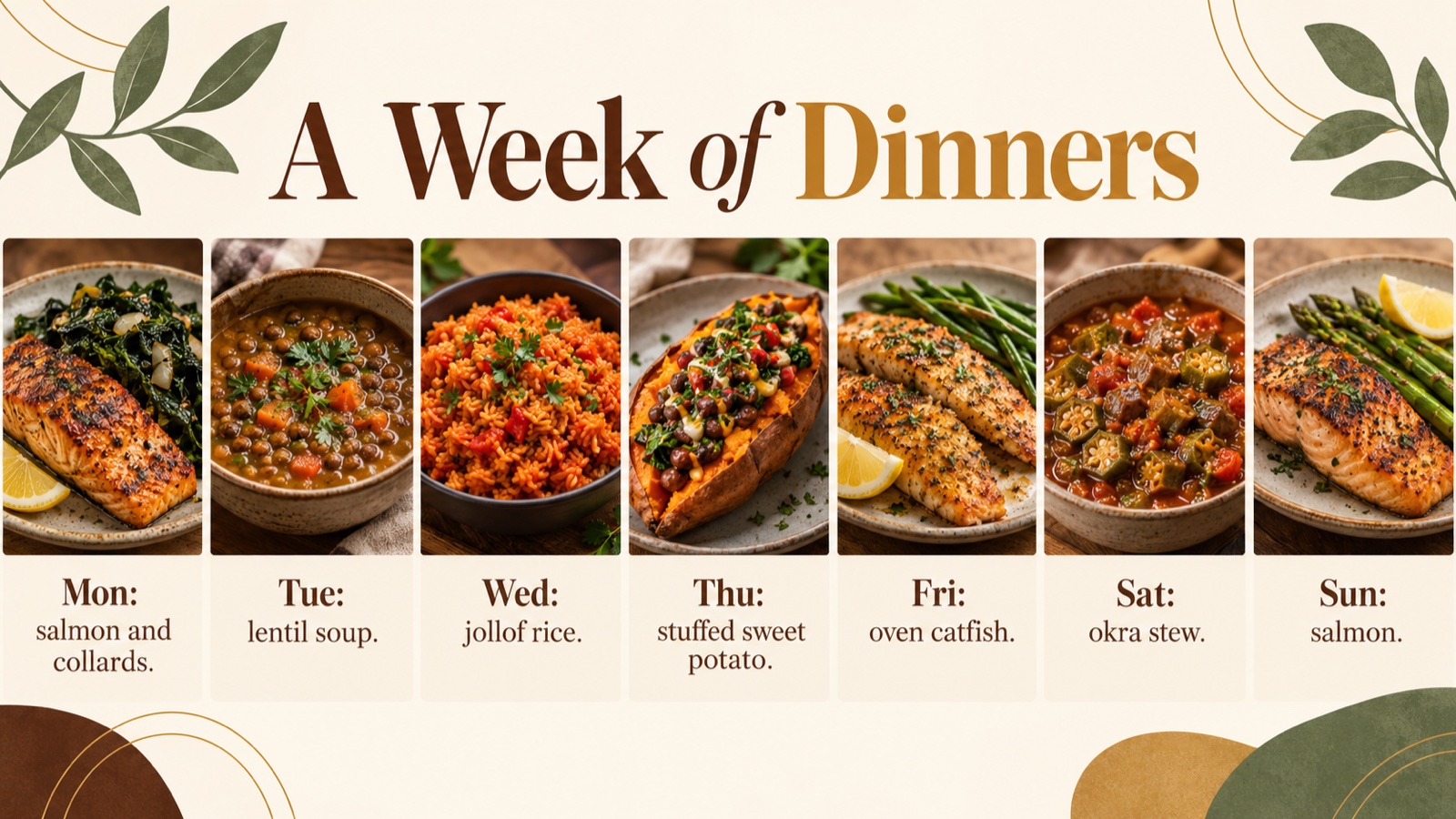Week-at-a-glance poster of the seven-day meal plan with a photo of each dinner