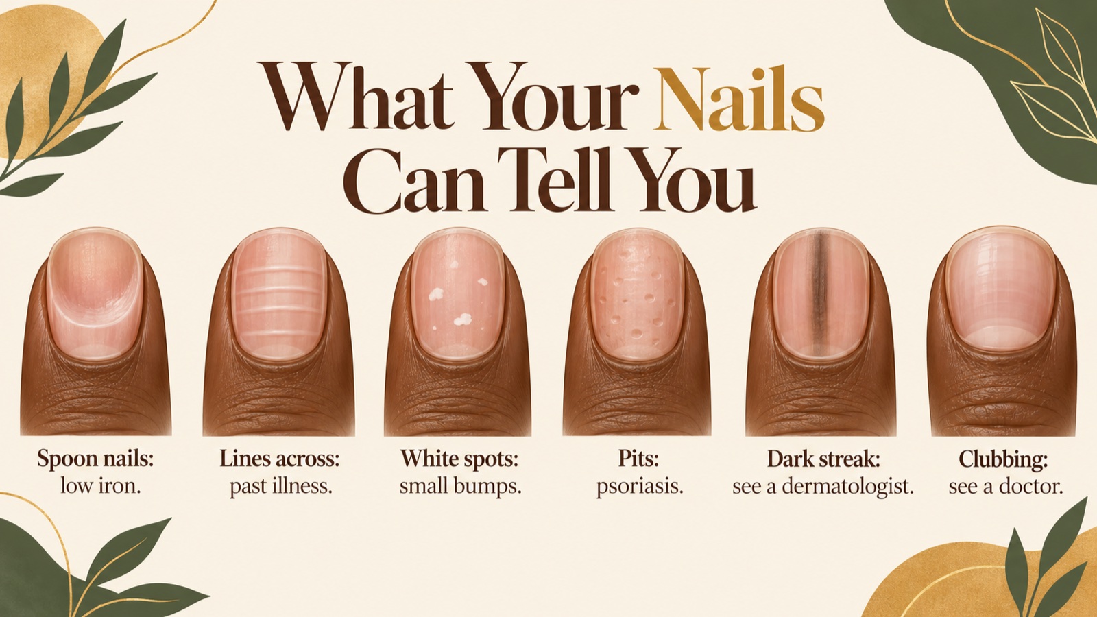 Illustration of common nail changes: spoon nails, ridges across the nail, white spots, pitting, a dark streak, and clubbing
