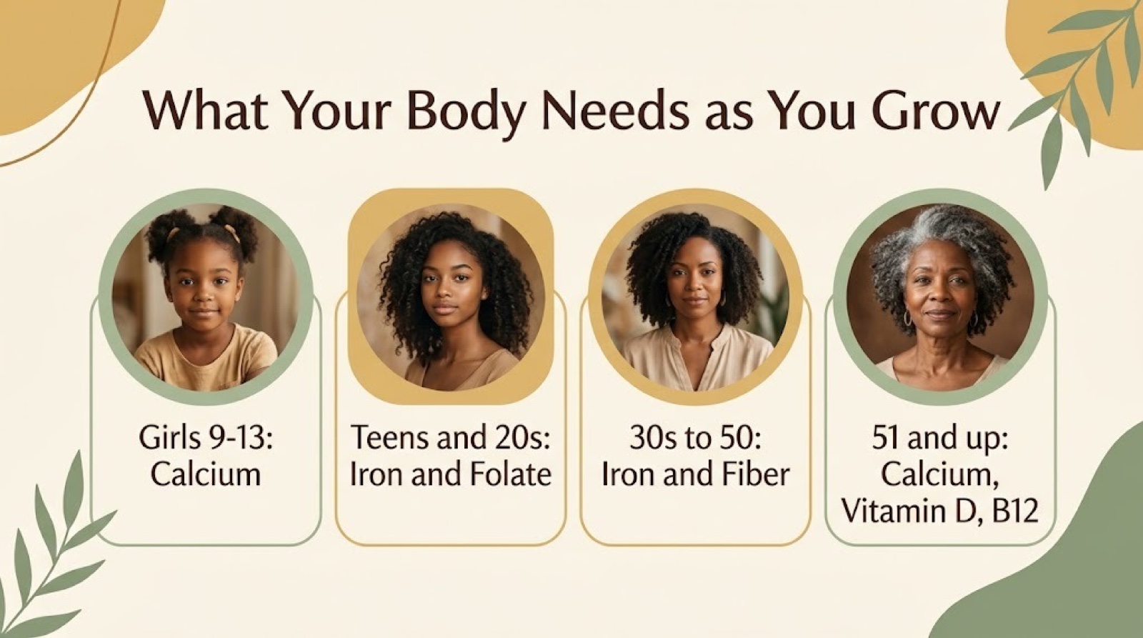 Four-panel poster: girls, teens and 20s, 30s to 50, 51 and up, with the top nutrients for each