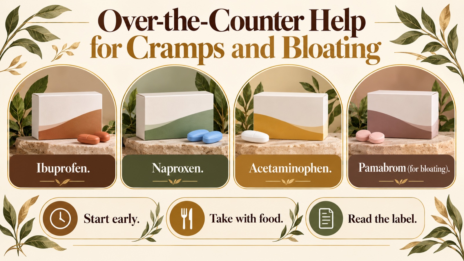 Comparison card of over-the-counter period medicines: ibuprofen, naproxen, acetaminophen and pamabrom, with reminders to take with food and read the label