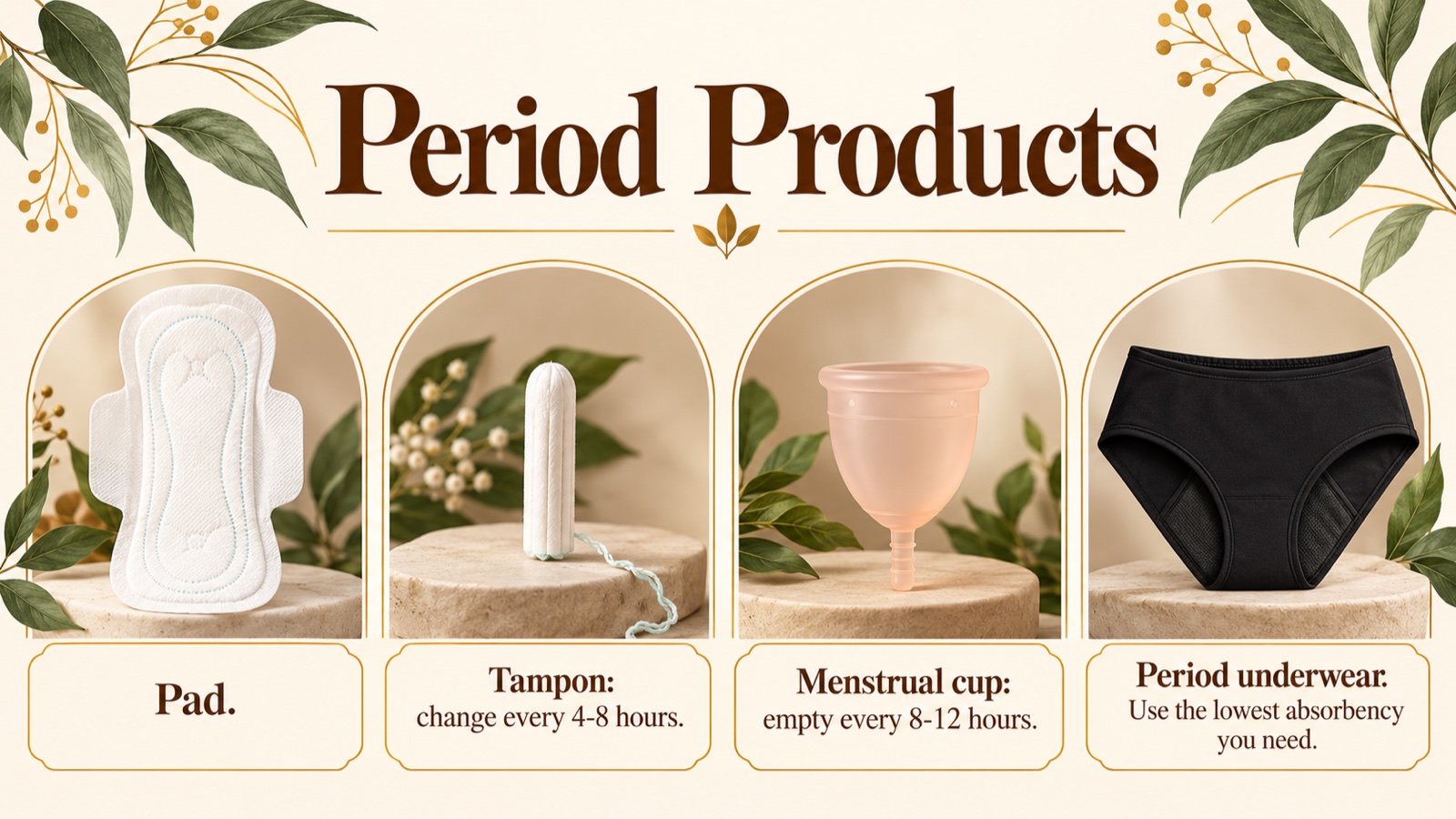 Side-by-side photos of a pad, a tampon, a menstrual cup and period underwear with change times