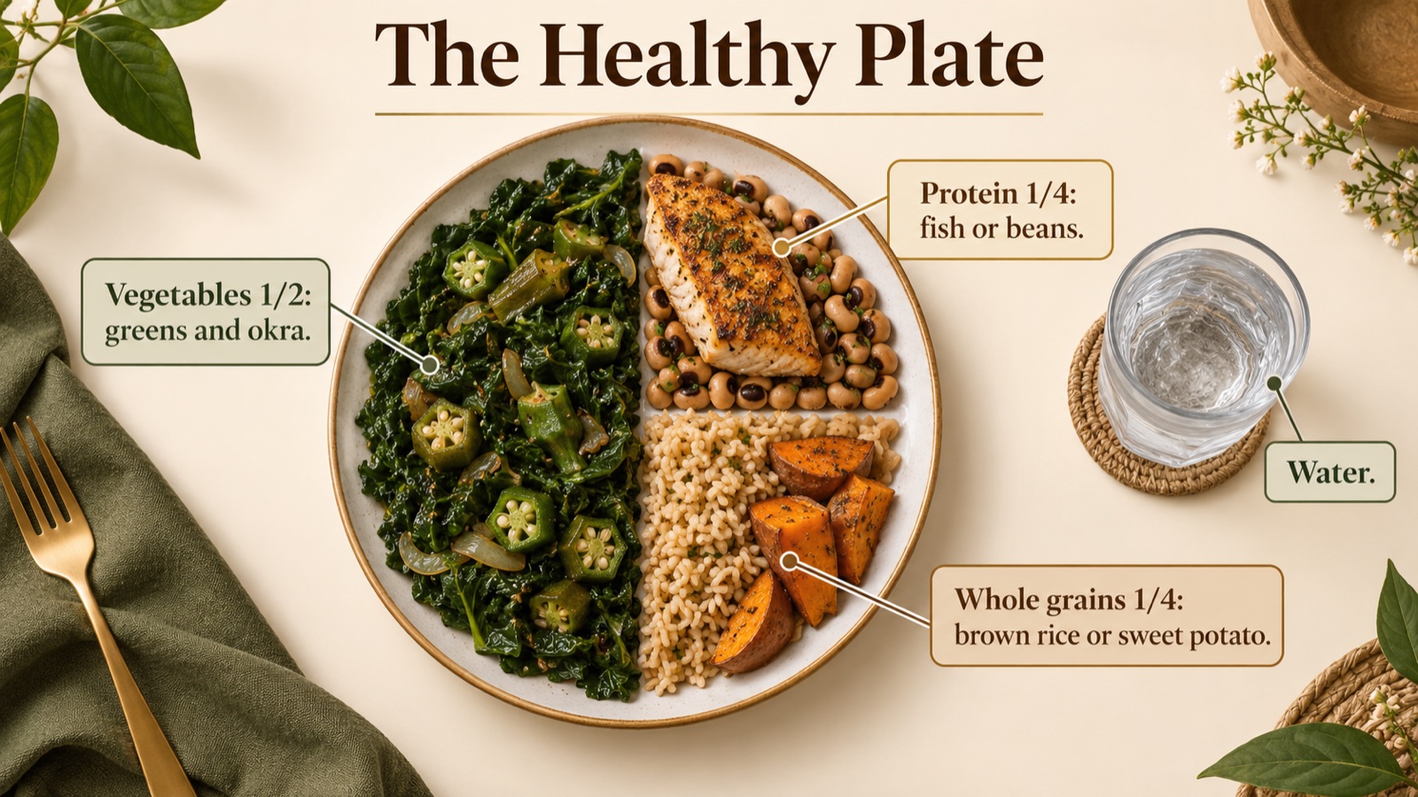Healthy plate: half non-starchy vegetables like greens and okra, a quarter lean protein like fish or beans, a quarter whole grains or sweet potato, water on the side