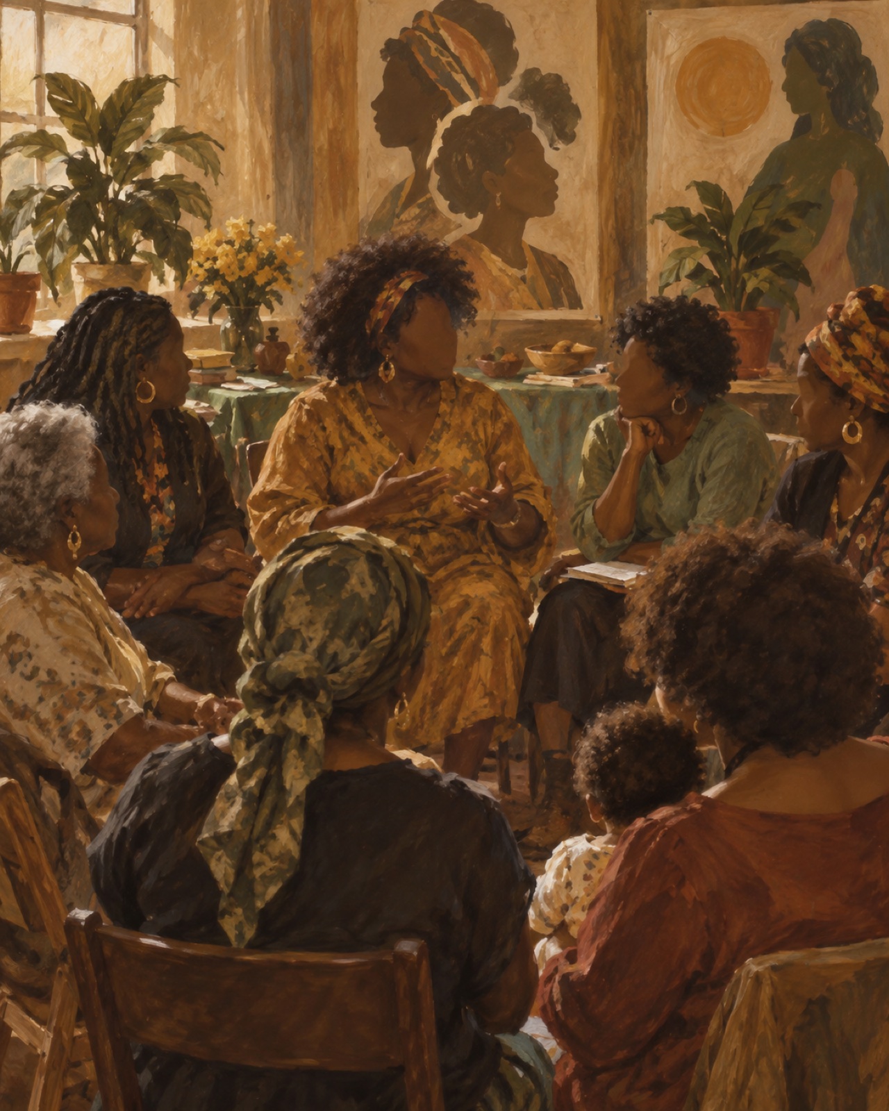 Painted illustration of a 1980s Black women's health circle, honoring Byllye Avery