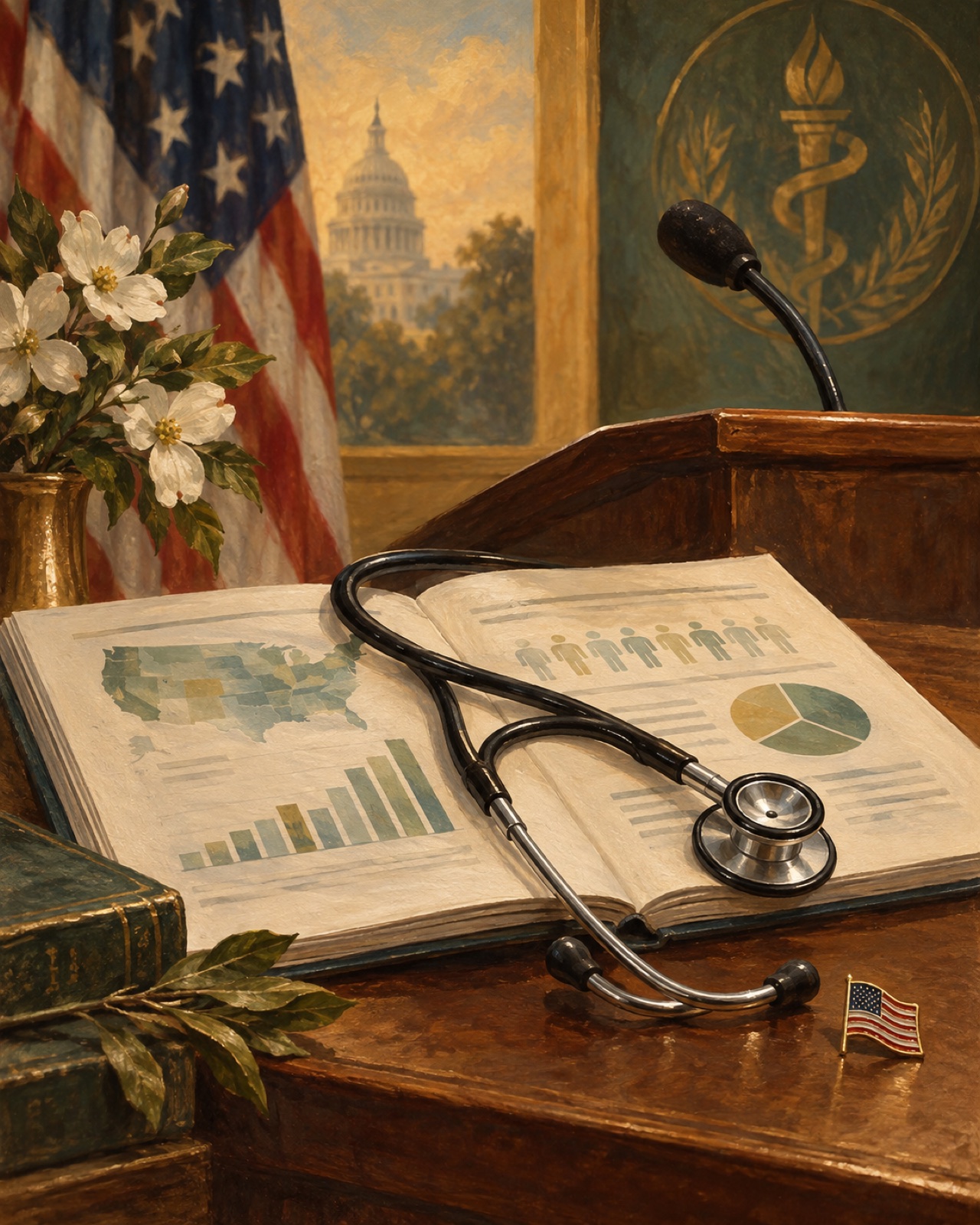 Painted still life of a stethoscope and public-health report, honoring Dr. Joycelyn Elders