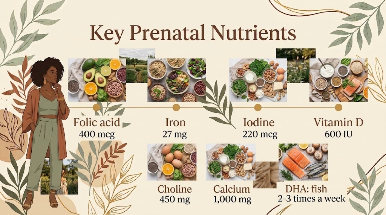 Poster of the seven key prenatal nutrients with foods that supply them