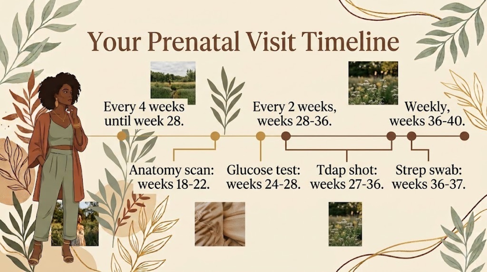 Timeline of prenatal visits and tests across 40 weeks