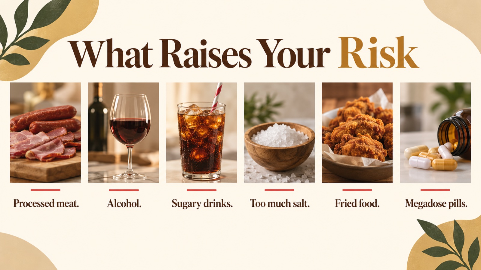 Poster of foods and habits that raise risk: processed meat, alcohol, sugary drinks, salt, fried food