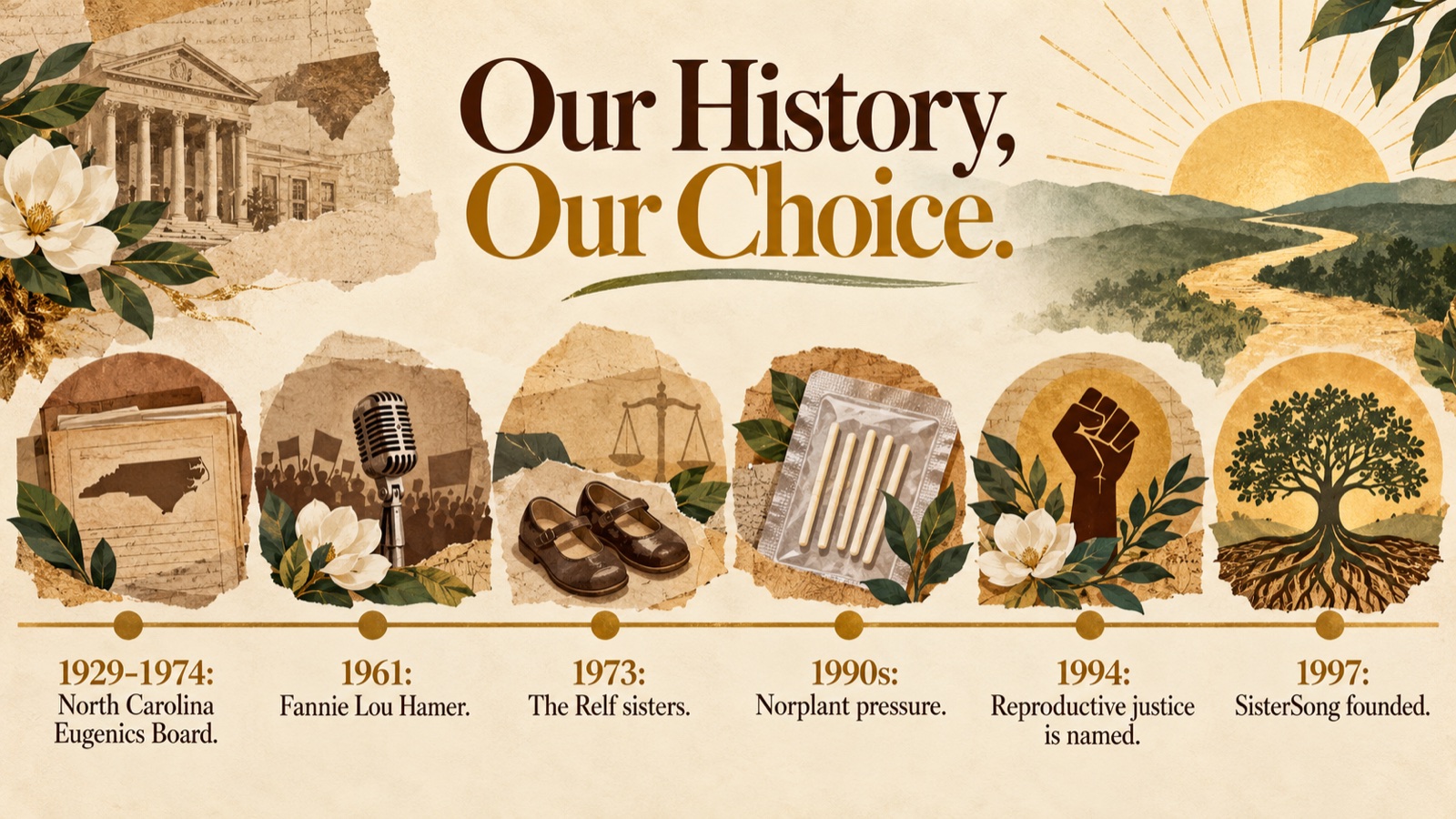 Timeline poster of reproductive coercion history and the reproductive justice movement
