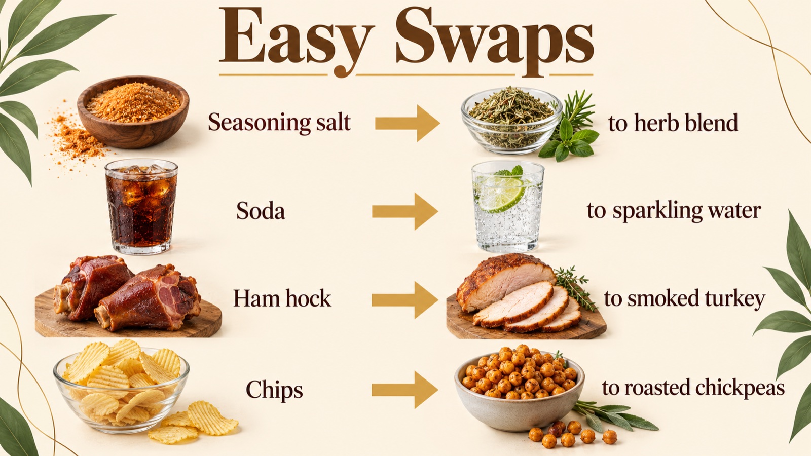 Side-by-side swap poster: seasoning salt to herb blend, soda to sparkling water, ham hock to smoked turkey, chips to roasted chickpeas