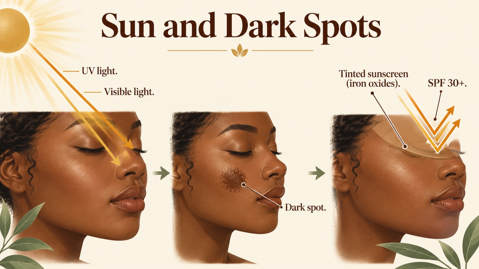 Illustration of how UV and visible light reach the skin and deepen dark spots, and how tinted sunscreen blocks both