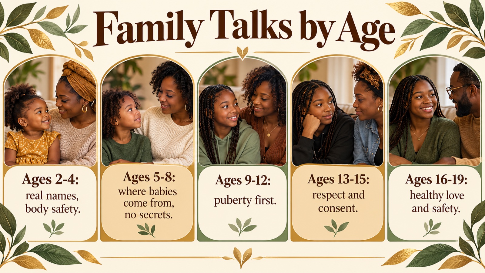 Poster of the five age stages for family talks about bodies and sex