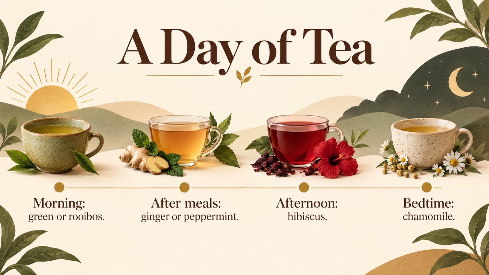 A day from morning to night with suggested teas: green or rooibos in the morning, ginger or peppermint after meals, hibiscus in the afternoon, chamomile at night