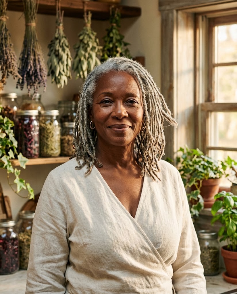 Woman around 58 with silver locs cooking in a kitchen full of herbs