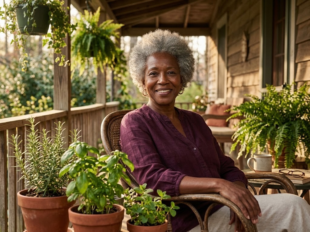 Woman in her late sixties with a short silver afro sitting on her front porch