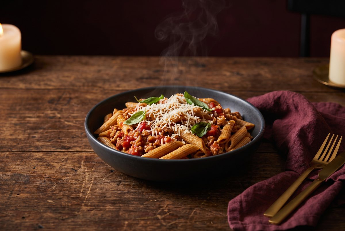 Whole-wheat pasta, turkey tomato sauce from Mrs. Revell's family kitchen