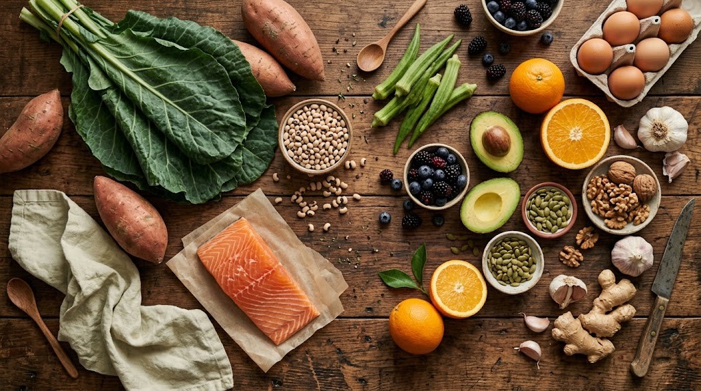 Overhead view of greens, beans, sweet potatoes and other healthy soul-food ingredients on a table