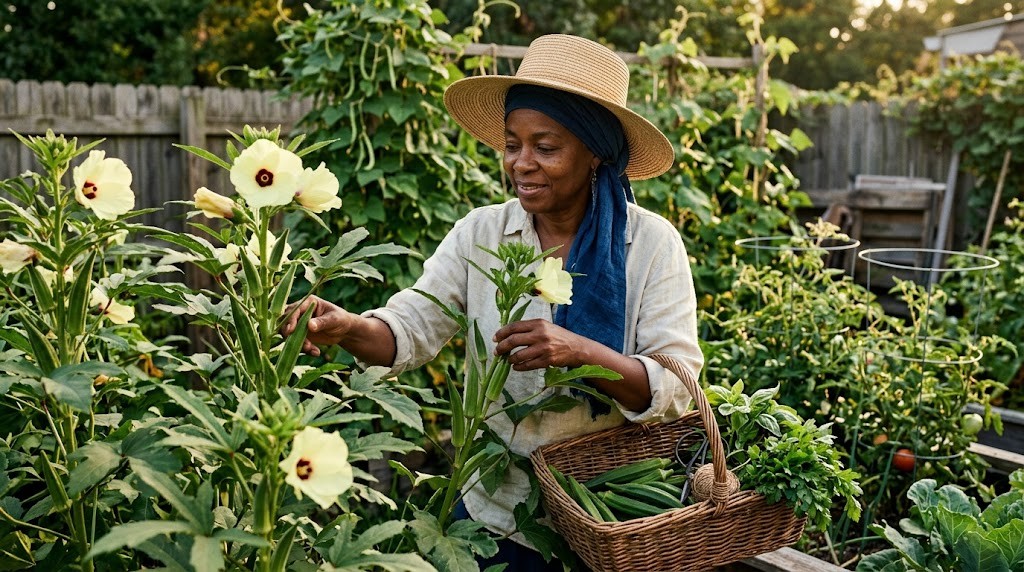 Woman harvesting okra and herbs from her backyard garden