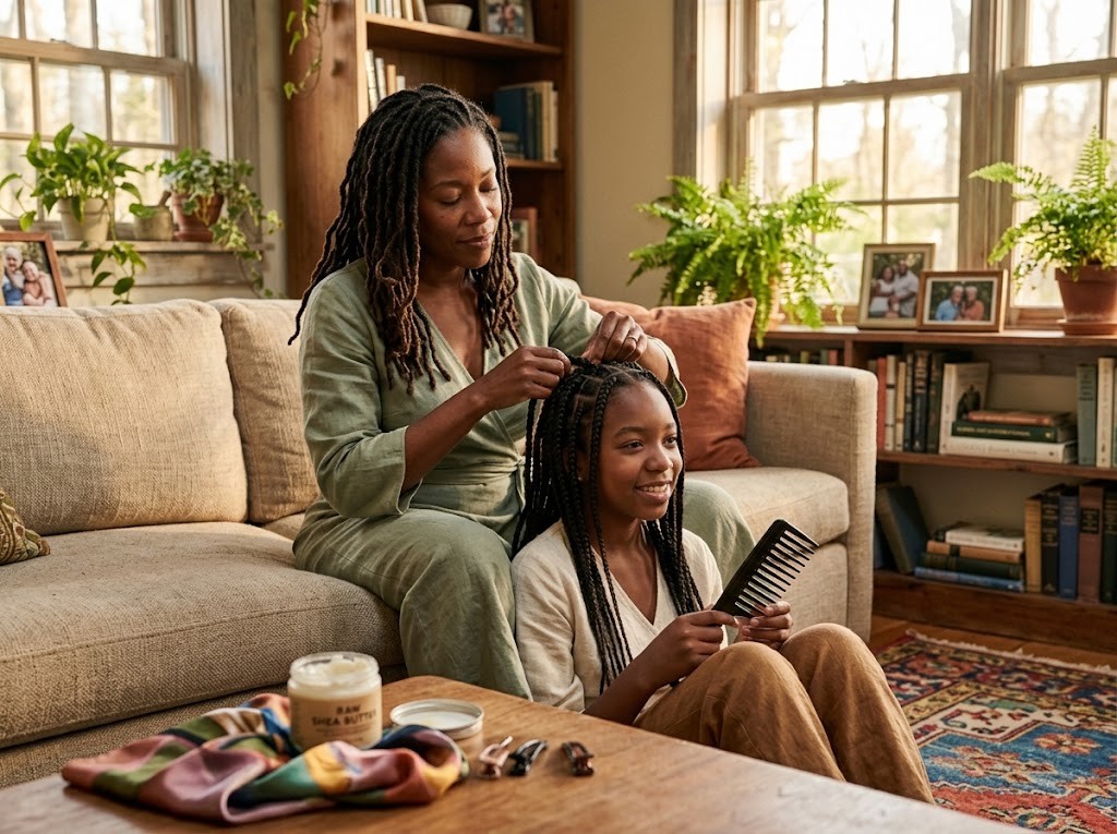 Mother braiding her young daughter's hair at home