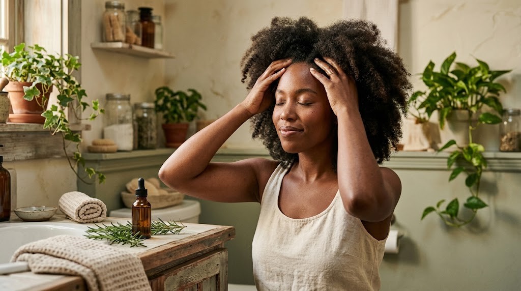 Woman in her thirties with a big afro massaging rosemary oil into her scalp