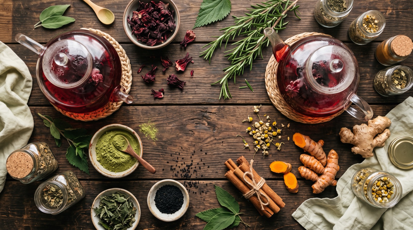 Flat lay of dried herbs, spices and a cup of deep red hibiscus tea