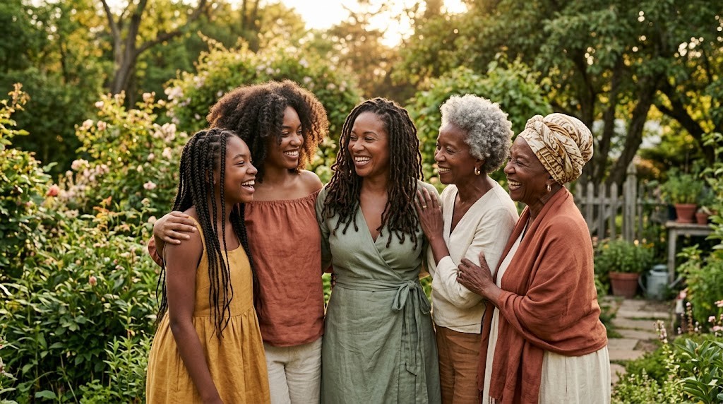 Five Black women, from a teenage girl to a grandmother in her seventies, laughing together in a summer garden