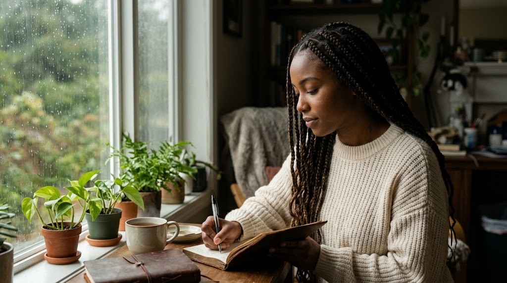 Young woman in her twenties journaling by a sunny window