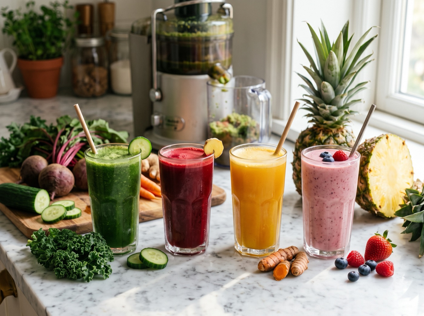 Glasses of fresh green, red and orange juices on a counter
