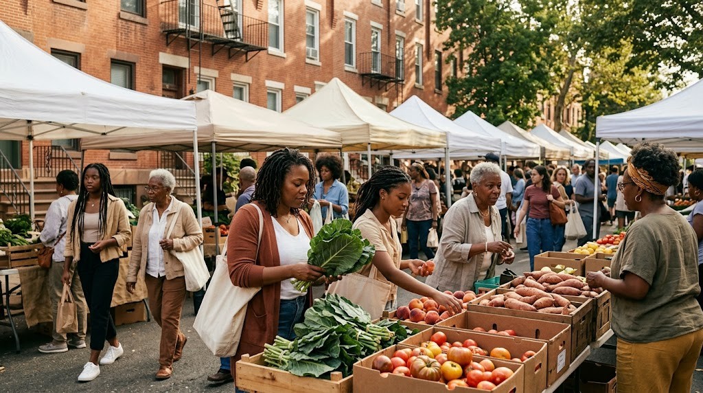 Black women shopping for produce at a Philadelphia farmers market