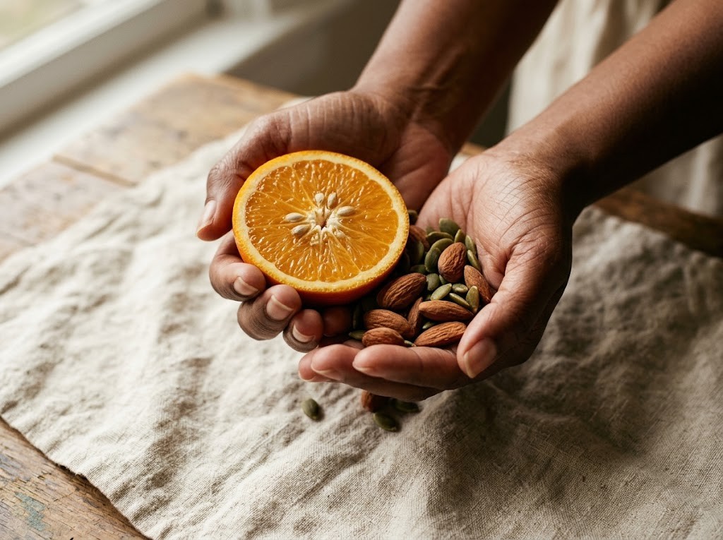 Hands with natural nails holding fresh fruit